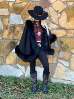 Black Classic Cashmere Cape With Fox Fur Trim -Fashion Clothing Shop IMG 0434 2