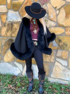 Black Classic Cashmere Cape With Fox Fur Trim